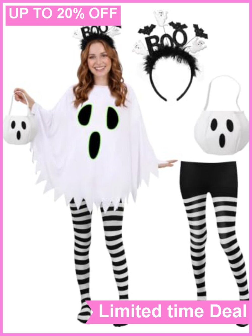 Glow in Dark Ghost Costume Women Poncho Headband Tights Candy Bag 4 Pc Set